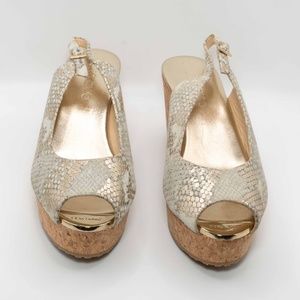 Jimmy Choo Snake Printed Leather Cork Wedge - NEVER WORN